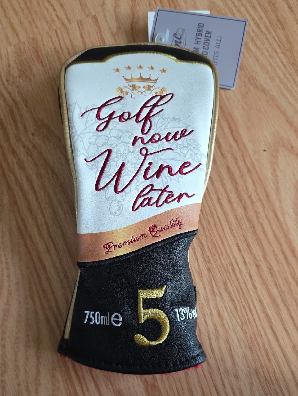 Golf Now Wine Later Hybrid Headcover in White, Black and Gold